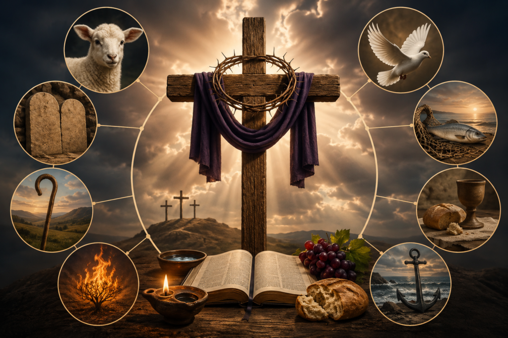 A realistic biblical scene featuring a lion on a rocky hill, a lamb in the foreground, a descending dove illuminated by golden sunlight, an ancient scroll, a shepherd’s staff, a crown, an olive branch, and an anchor beside calm water, symbolizing key themes and imagery found throughout Scripture.