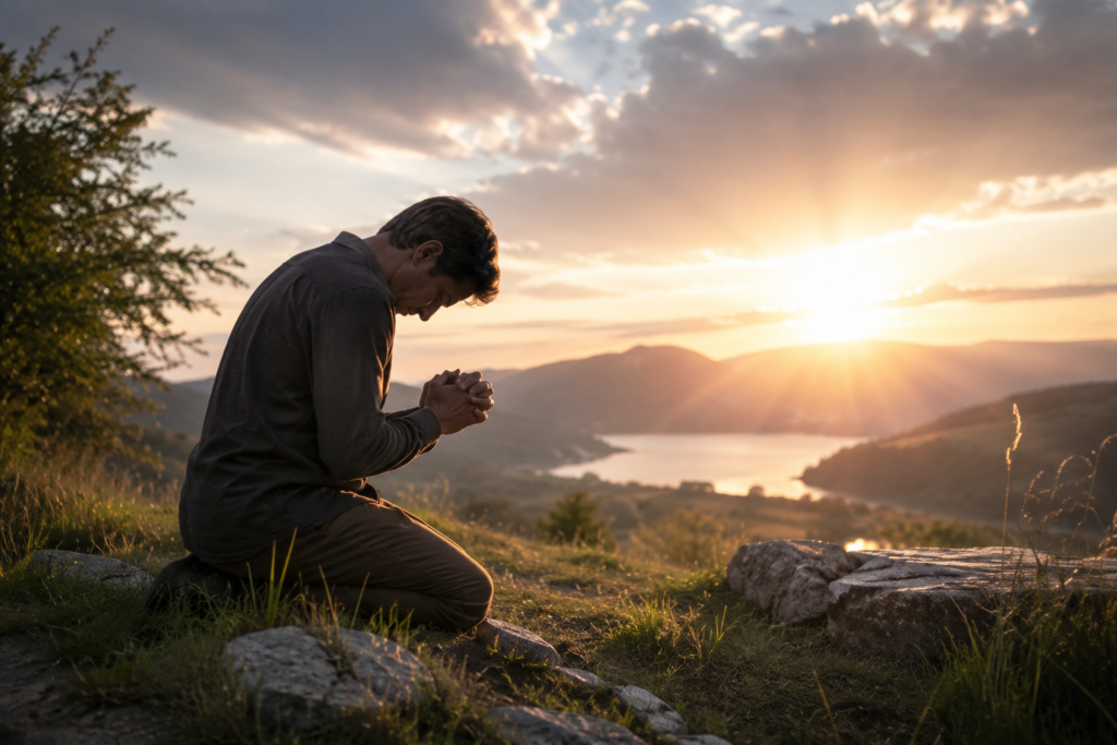A person kneels in quiet prayer on a grassy hillside at sunrise, head bowed and hands clasped. Golden sunlight streams over distant mountains and a winding lake, illuminating the peaceful landscape with warm, soft light. Rocks and wild grasses frame the foreground, creating a serene atmosphere of humility, reflection, and reverence.