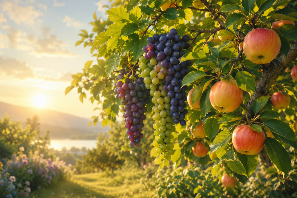 Sunlit orchard scene featuring ripe apples and clusters of grapes hanging from lush green branches, glowing in golden evening light with rolling hills, wildflowers, and a peaceful lake in the background, symbolizing spiritual fruitfulness, growth, abundance, and divine blessing.