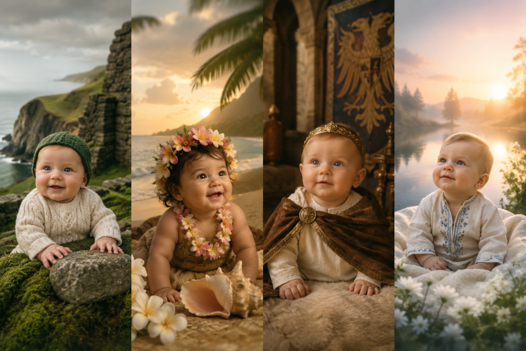 A four-panel collage illustrating cultural interpretations of a name's origins. The first panel shows a smiling baby beside weathered coastal rocks and green cliffs, symbolizing Irish and Gaelic roots. The second features a joyful child on a tropical beach adorned with flower garlands and seashells, representing Hawaiian heritage. The third depicts a baby dressed in regal attire seated before a medieval throne and ornate crest, reflecting noble Old German traditions. The fourth panel shows a peaceful child in embroidered clothing near a misty riverside landscape at sunrise, symbolizing Slavic themes of light, harmony, and tranquility. Warm golden lighting and soft natural tones unify the composition.