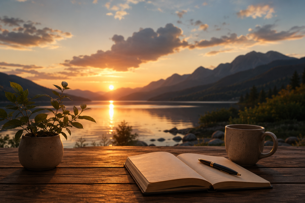 A peaceful sunset over a calm mountain lake viewed from a rustic wooden table. In the foreground, an open journal with a pen, a ceramic coffee mug, and a small potted plant create a reflective workspace. Golden sunlight shimmers across the water, while distant mountains and soft clouds frame the tranquil scene, conveying a sense of contemplation, closure, and inspiration.