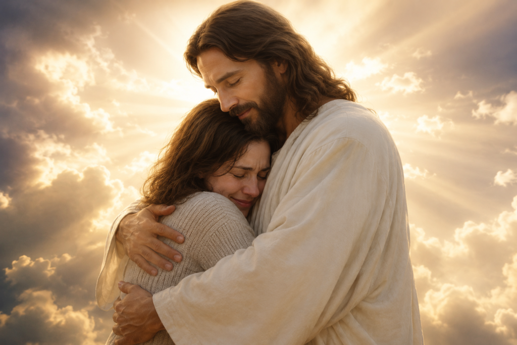 A heartfelt, realistic scene of a person standing in a peaceful outdoor setting at sunrise, eyes closed and arms gently wrapped around themselves as warm golden light surrounds them. Soft rays of sunlight break through the clouds, creating a comforting atmosphere that symbolizes divine love, hope, and spiritual reassurance. Trees and a tranquil landscape in the background enhance the sense of peace, faith, and a comforting embrace from heaven.