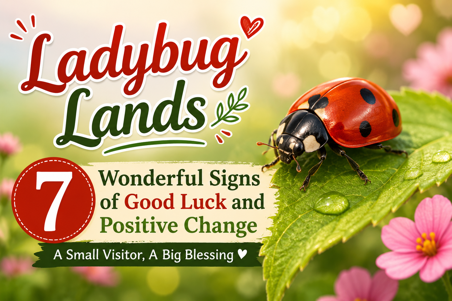 A vibrant, nature-themed digital illustration showing a shiny red ladybug with black spots resting on a fresh green leaf covered in dew, set against a softly blurred garden background with warm sunlight and pink flowers. The design includes decorative, uplifting typography reading “Ladybug Lands” and “Wonderful Signs of Good Luck and Positive Change,” with a bright red circular badge showing the number 7, creating a positive and inspirational mood.