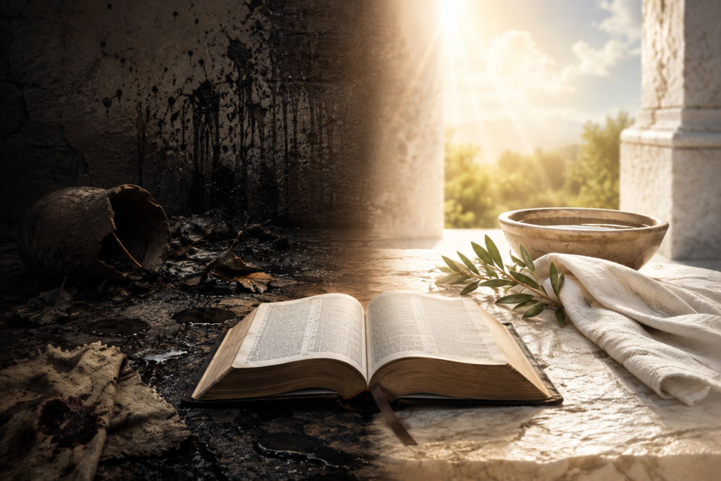 An open Bible lies at the center of a stone surface, visually dividing two contrasting scenes. On the left, a dark and polluted area features broken pottery, stained cloth, scattered debris, and black splatters on a weathered wall, symbolizing corruption and impurity. On the right, warm sunlight illuminates a clean setting with a bowl of water, a white cloth, and green olive branches, symbolizing cleansing and restoration. The dramatic lighting highlights the contrast between defilement and purity, with the Bible serving as the focal point between the two realms.
