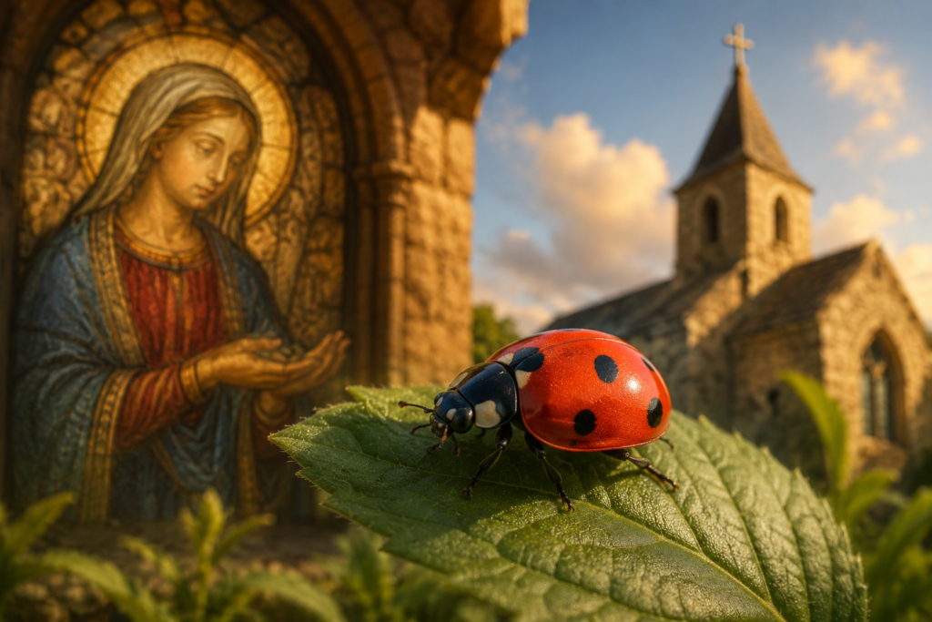 A serene, realistic medieval garden scene at sunrise beside an old stone monastery, where a robed saint-like figure kneels in quiet prayer among blooming wildflowers. A bright red ladybug rests gently on their outstretched hand, glowing softly as if illuminated from within, symbolizing protection and divine grace. Warm golden sunlight streams through tall trees, casting a sacred glow over the peaceful setting. In the background, faint ancient church architecture and carved stone crosses blend naturally into the landscape, enhancing the spiritual and reverent atmosphere.