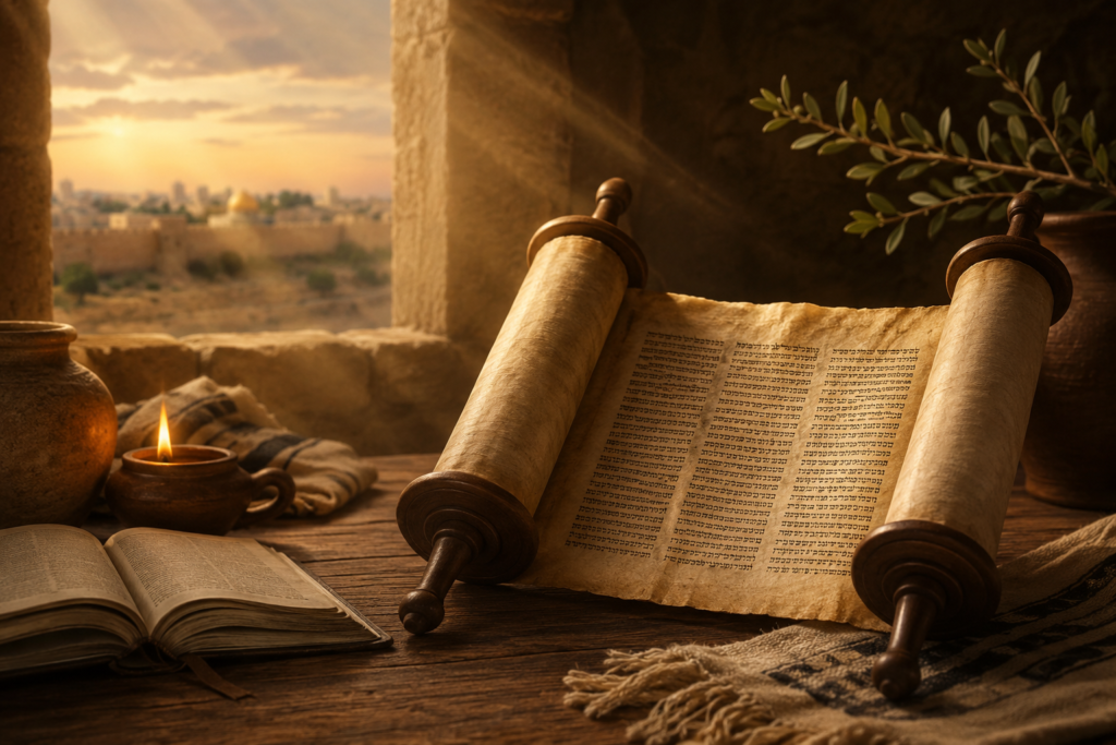 Ancient biblical study scene illuminated by warm golden sunlight. An unrolled Hebrew scroll rests on a rustic wooden table beside an open book, a small oil lamp, clay pottery, and woven fabric. Through a stone window, an ancient city appears in the distance, creating a reverent, timeless atmosphere associated with biblical history and sacred writings.
