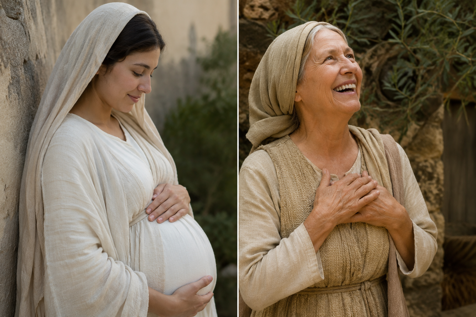 A side-by-side biblical-style portrait featuring two women in traditional ancient clothing. On the left, a young pregnant woman in a light-colored robe and head covering stands peacefully with her hands resting on her baby bump, expressing humility and quiet faith. On the right, an older woman wearing a beige headscarf smiles joyfully with her hands over her heart, conveying gratitude, hope, and spiritual fulfillment. The warm outdoor setting and natural surroundings create a reverent atmosphere that reflects themes of blessing, motherhood, and God’s faithfulness.