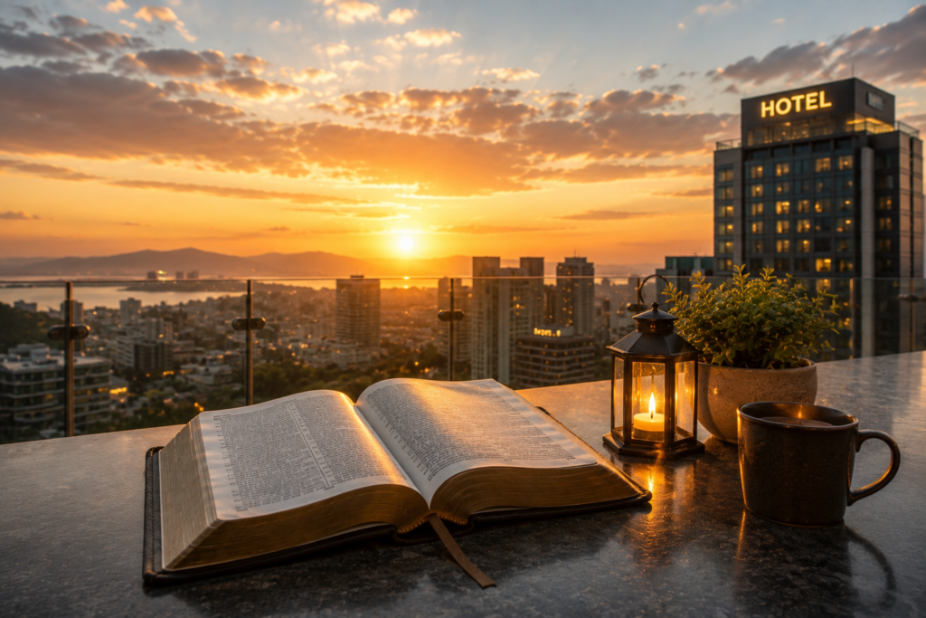 Open Bible placed on a luxury hotel rooftop terrace at sunset, illuminated by warm golden light. A glowing lantern, coffee mug, and potted plant sit beside the Bible, while a modern city skyline stretches into the distance under a colorful sky, creating a peaceful atmosphere of faith, reflection, prayer, and spiritual devotion.