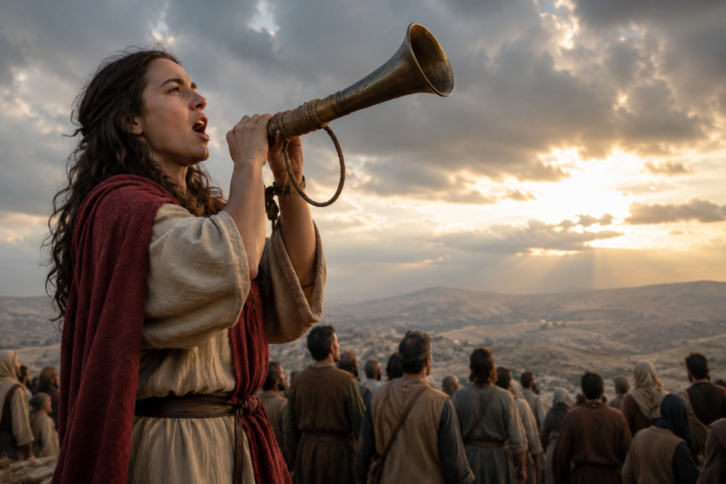 A realistic woman standing on a hillside at sunrise blows a large brass horn toward the horizon, symbolizing an urgent call to action. Behind her, a crowd of people in historical-style clothing gathers under dramatic clouds as golden sunlight breaks through the sky, creating a powerful and inspiring scene of leadership, unity, and purpose.