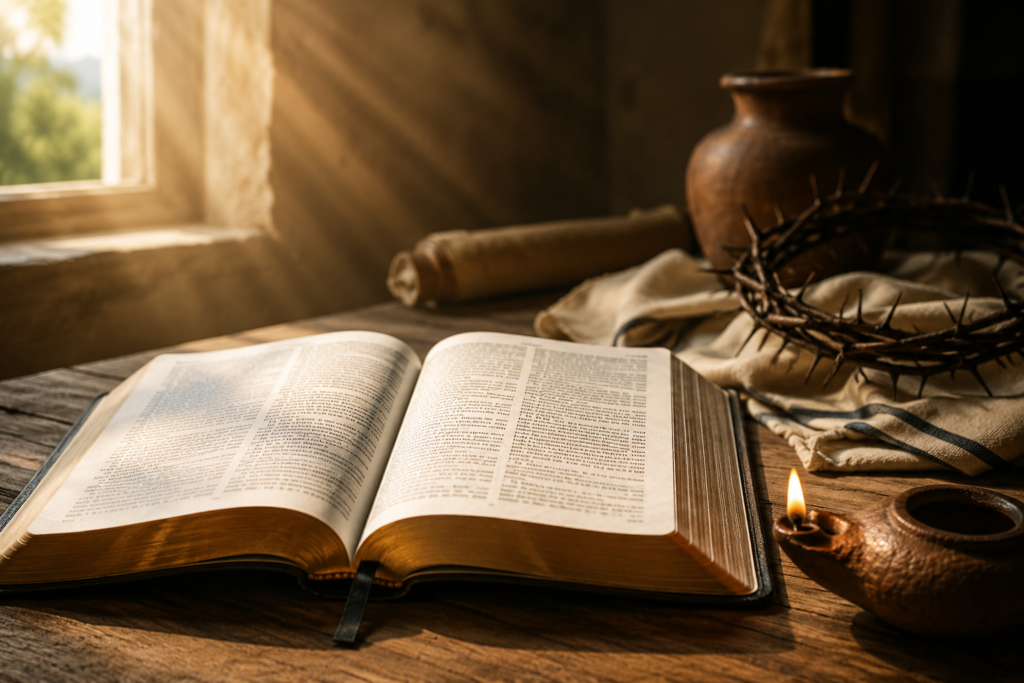 An open Bible rests on a rustic wooden table in a softly lit room. Golden sunlight streams through a nearby window, illuminating the pages and casting warm rays across the scene. Beside the Bible are a small burning oil lamp, a folded cloth, an earthenware vessel, and a crown of thorns. The overall atmosphere is peaceful, reflective, and reverent, with rich warm tones and gentle shadows creating a sense of spiritual contemplation.