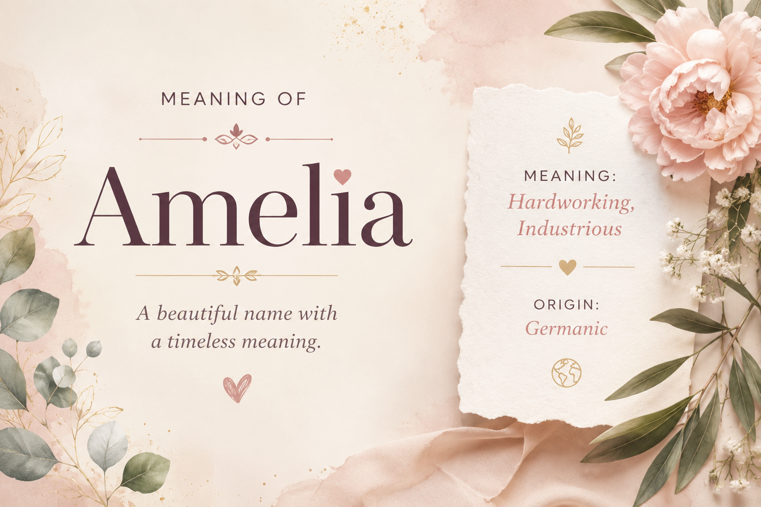 Elegant feature image representing the meaning of the name Amelia with a soft pastel background, delicate floral accents, and a timeless, feminine design symbolizing grace, strength, and heritage.