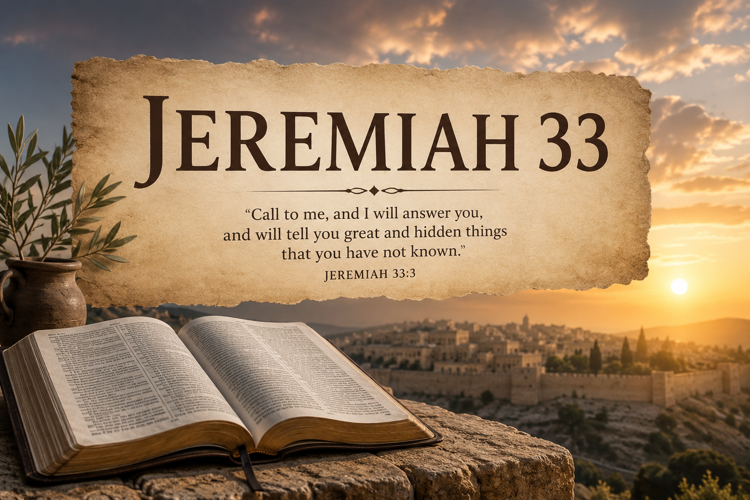 A peaceful biblical landscape at sunrise featuring an open Bible on a stone ledge overlooking an ancient city, with warm golden light and a serene sky symbolizing hope, prayer, and God's promise associated with Jeremiah 33.