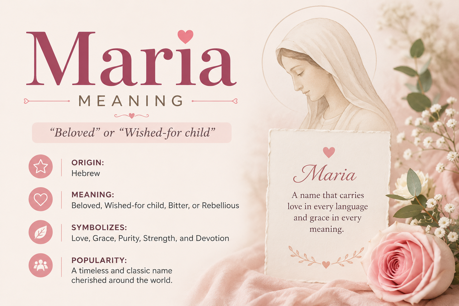 A serene feature image representing the meaning of the name Maria, featuring soft blush and cream tones, delicate roses and white flowers, a parchment with elegant calligraphy, and a peaceful illustration inspired by biblical femininity and grace. The composition conveys purity, faith, love, and timeless spiritual beauty without any text.