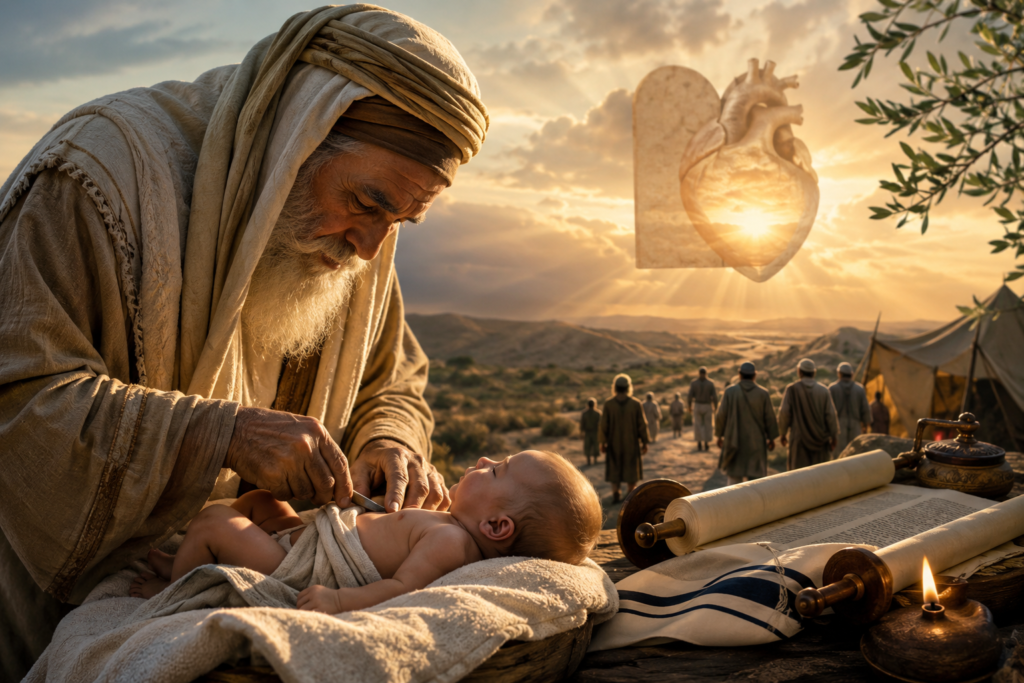 An elderly biblical figure gently performs the covenant ritual for an infant in an ancient desert setting, while an open Scripture scroll, an oil lamp, and a glowing heart symbol in the background represent God's covenant, inner spiritual transformation, and faith. Warm golden sunlight creates a reverent and symbolic atmosphere.