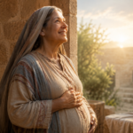 "Biblical-inspired portrait of Elizabeth in a peaceful ancient setting, wearing modest robes with a gentle expression of faith and gratitude. Soft golden sunlight illuminates the scene, with subtle symbols of prayer, divine blessing, and spiritual devotion in the background, conveying the biblical meaning of Elizabeth and her deep connection to God's promises."