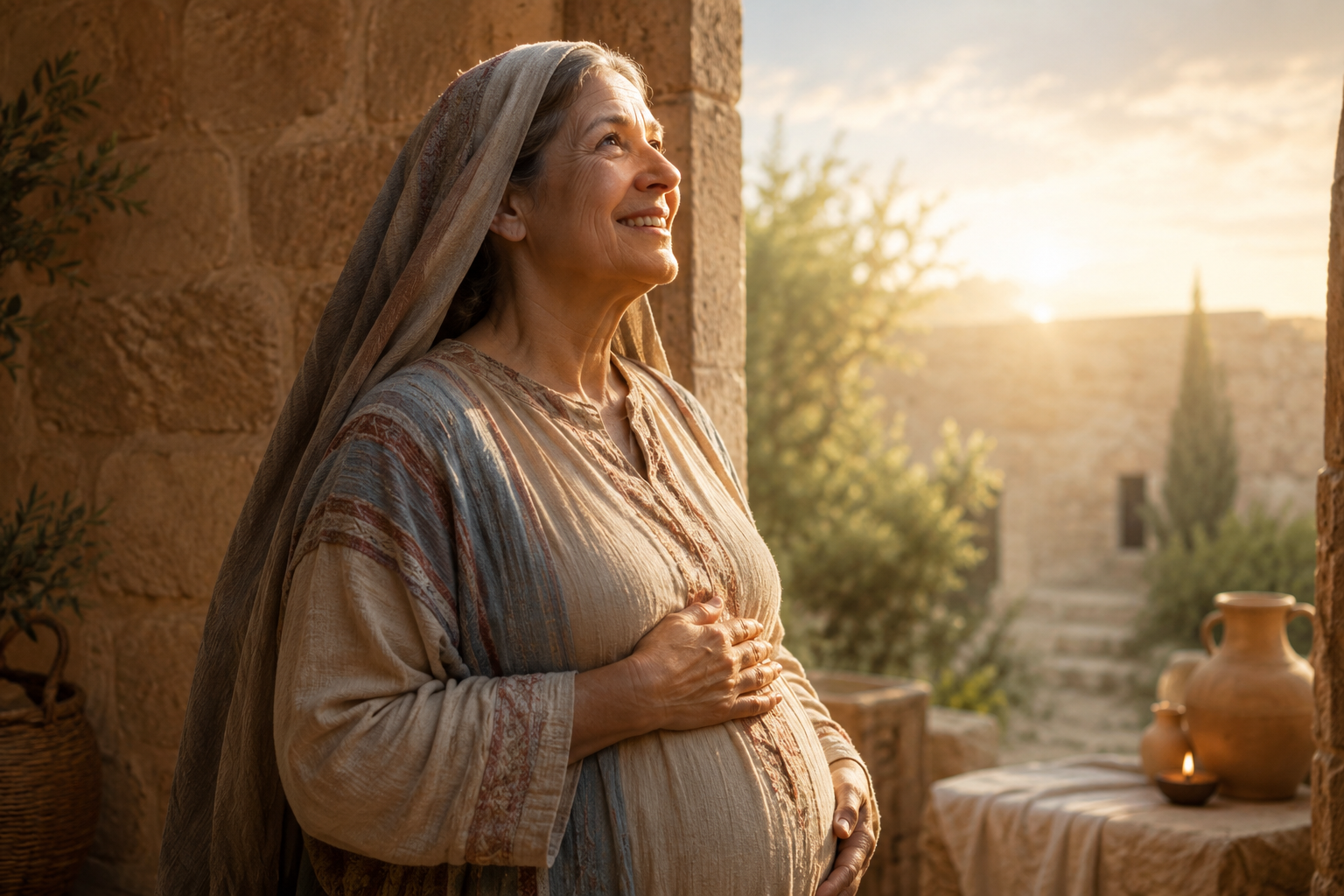 "Biblical-inspired portrait of Elizabeth in a peaceful ancient setting, wearing modest robes with a gentle expression of faith and gratitude. Soft golden sunlight illuminates the scene, with subtle symbols of prayer, divine blessing, and spiritual devotion in the background, conveying the biblical meaning of Elizabeth and her deep connection to God's promises."