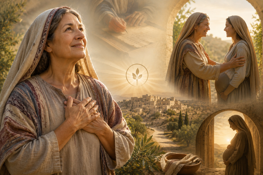 "Collage-style biblical illustration featuring Elizabeth in ancient Judea, surrounded by scenes of prayer, divine blessing, and joyful fellowship. Warm golden light shines over a historic village landscape, while symbolic imagery of faith, motherhood, God's promises, and spiritual devotion creates a peaceful and inspiring atmosphere."