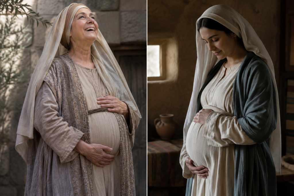 A realistic biblical-era scene featuring two women from different generations standing in separate settings that symbolize their unique roles in Scripture. One is an elderly woman dressed in modest ancient Judean clothing, reflecting wisdom, faith, and motherhood, while the other is a younger noblewoman in elegant biblical attire, representing royalty and leadership. Warm natural light illuminates both figures, with stone architecture, olive trees, and a peaceful Middle Eastern landscape in the background. The image conveys a visual comparison of two significant women from the Bible through realistic human expressions, historical clothing, and authentic biblical surroundings, without any text or labels.