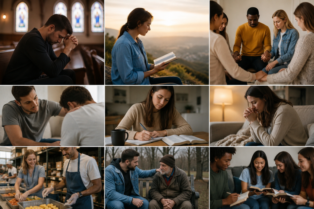 A realistic collage showing practical Christian living through everyday acts of faith. Diverse men and women are depicted praying in a church, reading the Bible outdoors, participating in a small prayer group, offering emotional support to others, studying Scripture at home, praying privately, serving meals to those in need, caring for an elderly person, and engaging in a Bible study discussion. Warm natural lighting and authentic expressions emphasize compassion, faith, community, service, and spiritual growth.