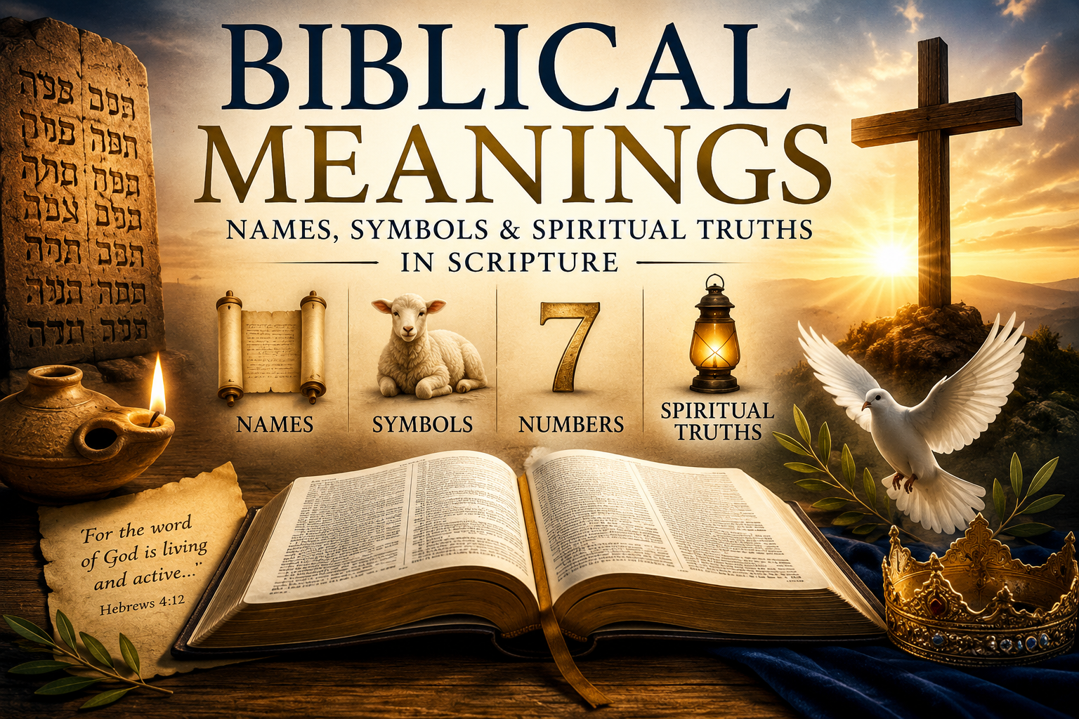"Biblical meanings illustrated through an open Holy Bible with glowing light, ancient scrolls, Hebrew biblical names, Christian symbols, and spiritual imagery representing biblical symbolism, scripture interpretation, and faith."