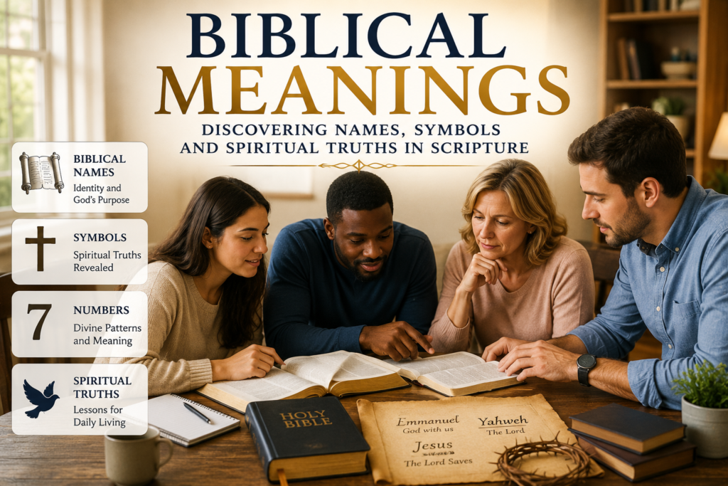 "Christian man and woman studying the Holy Bible together, surrounded by biblical symbols and warm sunlight, representing biblical meanings, spiritual growth, scripture interpretation, and Christian faith."