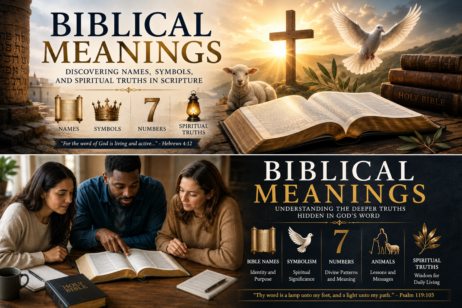 "Biblical meanings feature image showing an open Holy Bible, Christian symbols, cross, dove, lamb, biblical numbers, and believers studying Scripture to understand biblical names, symbolism, and spiritual truths."