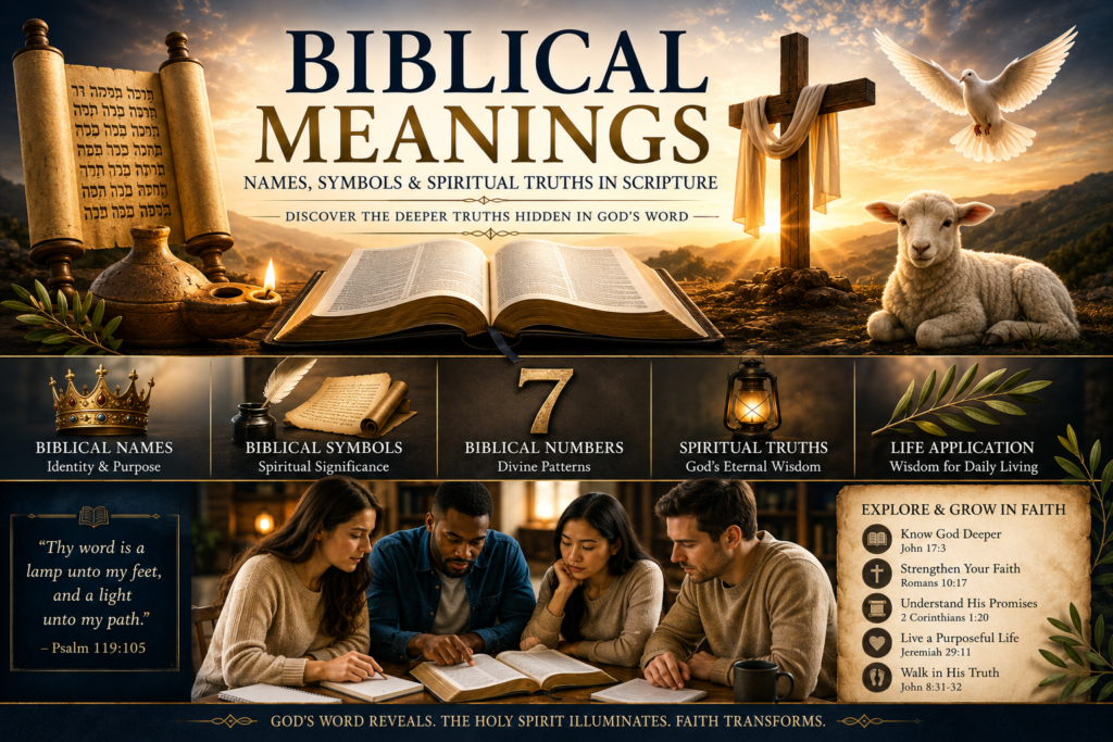 "Biblical meanings feature image showing an open Holy Bible, wooden cross, dove, lamb, biblical symbols, number seven, and Christians studying Scripture, representing biblical names, symbolism, spiritual truths, and faith-based living."