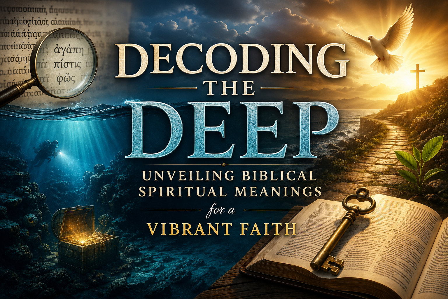 "Open Bible glowing with radiant golden light, surrounded by symbolic biblical imagery including a dove, cross, olive branches, and heavenly rays. Deep spiritual symbols emerge from the pages, representing the hidden biblical meanings and divine wisdom that strengthen faith and spiritual understanding. Inspirational Christian artwork with rich blue and gold tones, conveying biblical revelation, hope, and a vibrant relationship with God."