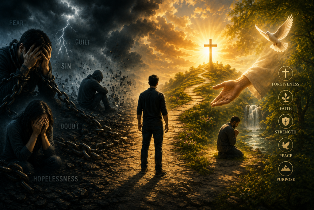 "A dramatic Christian-themed illustration showing a person walking from darkness into light along a winding path. The left side depicts spiritual struggles with storm clouds, chains, fear, doubt, guilt, and hopelessness, while the right side radiates peace, faith, forgiveness, strength, and purpose. A glowing cross stands on a hill beneath golden sunlight, with a white dove soaring overhead, symbolizing God's guidance, redemption, and spiritual victory."