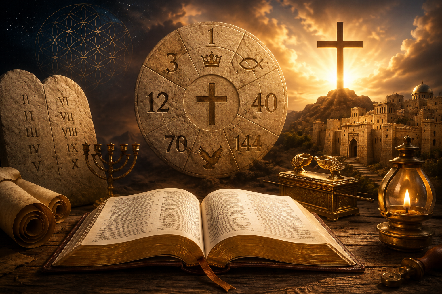 Open Bible illuminated by warm golden light with symbolic biblical numbers woven into the scene, including seven, twelve, and forty, surrounded by subtle spiritual imagery such as a dove, olive branches, ancient scrolls, and rays of heavenly light. The composition conveys divine wisdom, faith, and the deeper meaning of Scripture in a peaceful, reverent atmosphere.