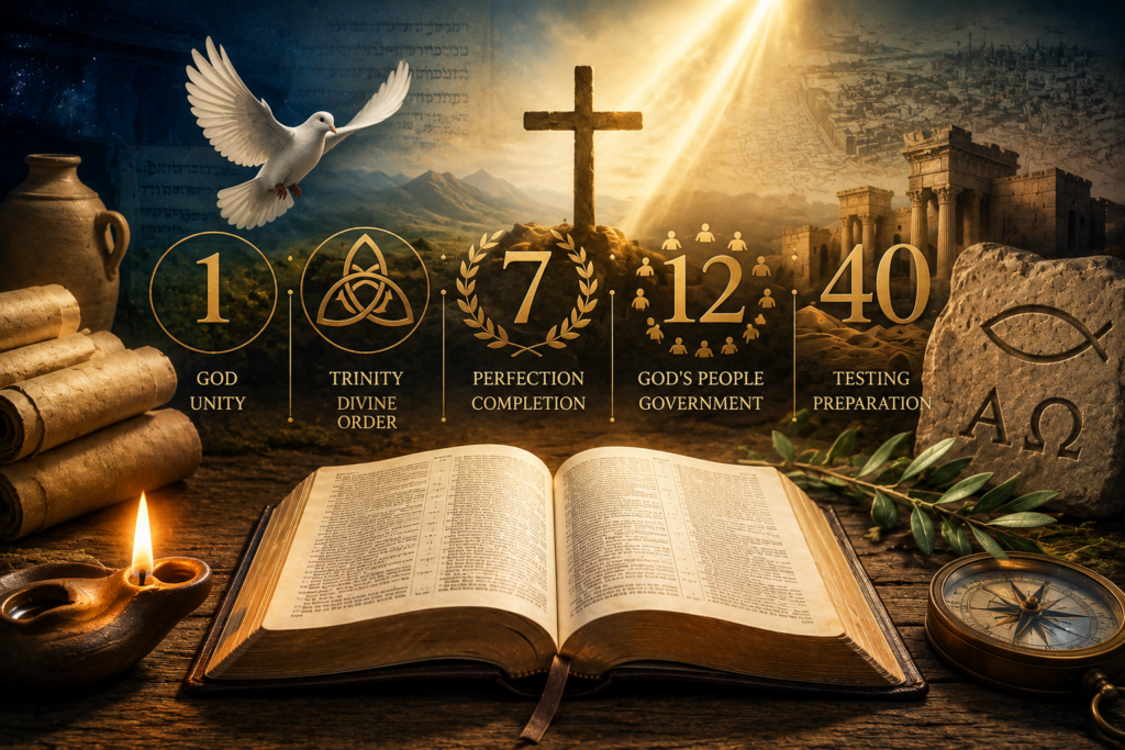 Open Bible resting on a rustic wooden table beneath radiant heavenly light, surrounded by ancient scrolls, a glowing cross, a white dove in flight, and symbolic biblical imagery. Golden representations of significant biblical numbers appear throughout the scene, with distant ancient ruins and a dramatic sky creating a powerful atmosphere of faith, divine wisdom, and spiritual revelation.