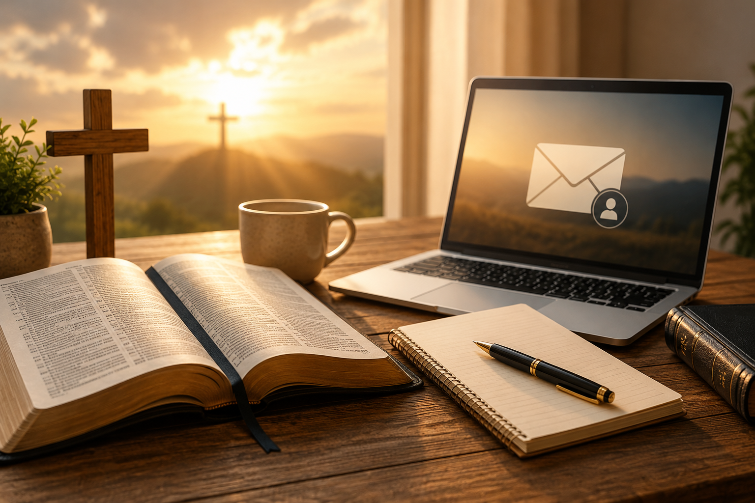 Open Bible, notebook, laptop, and wooden cross on a desk with warm sunlight, representing faith-based communication and support for BibleZMeaning.com.