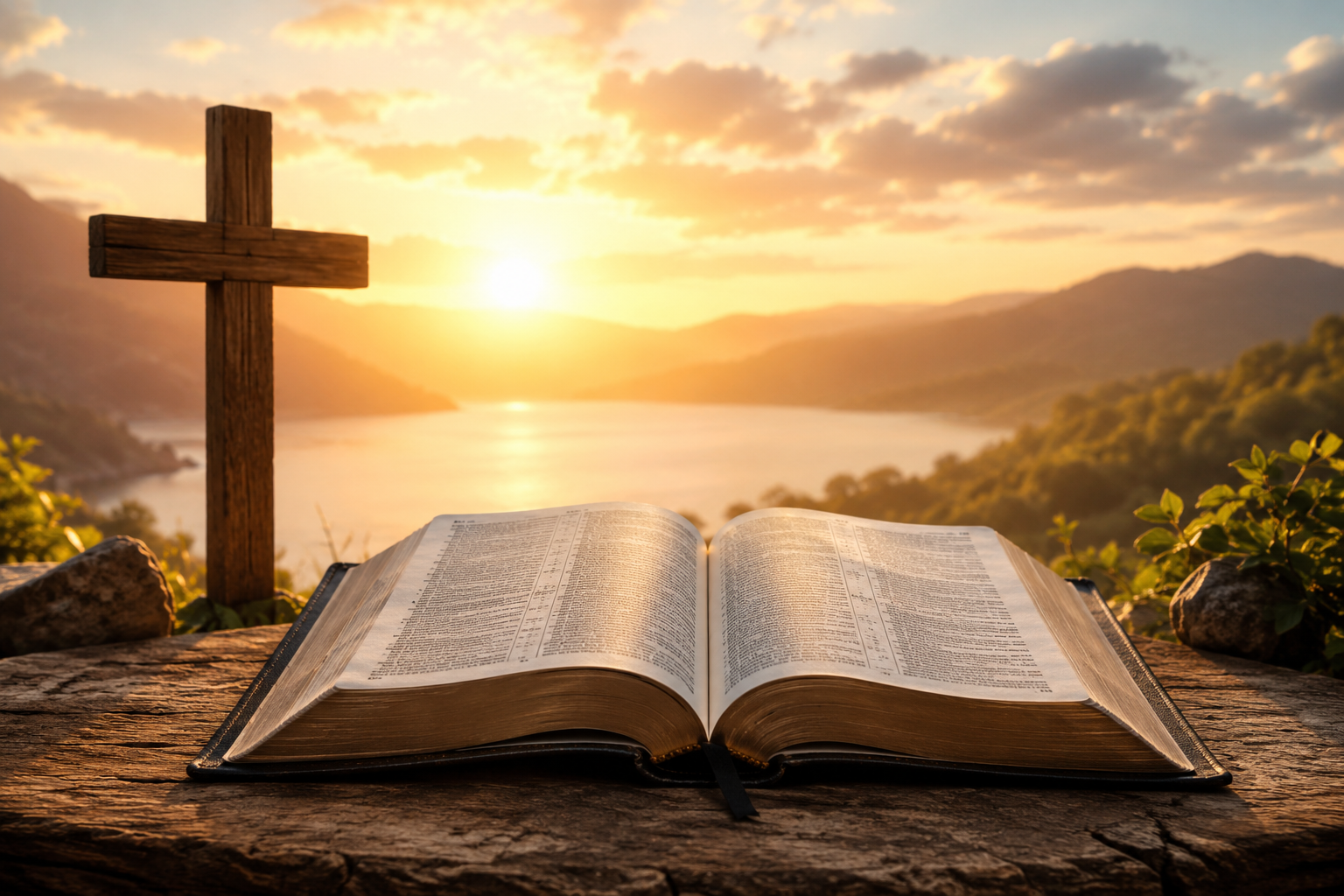 A warm and inviting Christian-themed scene featuring an open Bible illuminated by soft golden light, surrounded by subtle spiritual elements such as a glowing cross, gentle rays of sunlight, and a peaceful natural landscape in the background. The atmosphere conveys faith, wisdom, biblical understanding, and spiritual discovery, creating a welcoming introduction to BibleZMeaning.