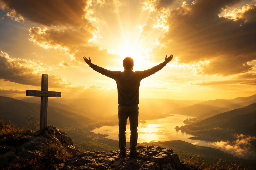 A realistic Christian figure standing in a vast mountain landscape, bathed in brilliant heavenly light descending from the sky. Golden rays illuminate the scene as clouds part above, symbolizing spiritual power, divine guidance, faith, inner strength, and a close relationship with God. The inspiring atmosphere conveys hope, courage, and the transformative presence of the Holy Spirit.