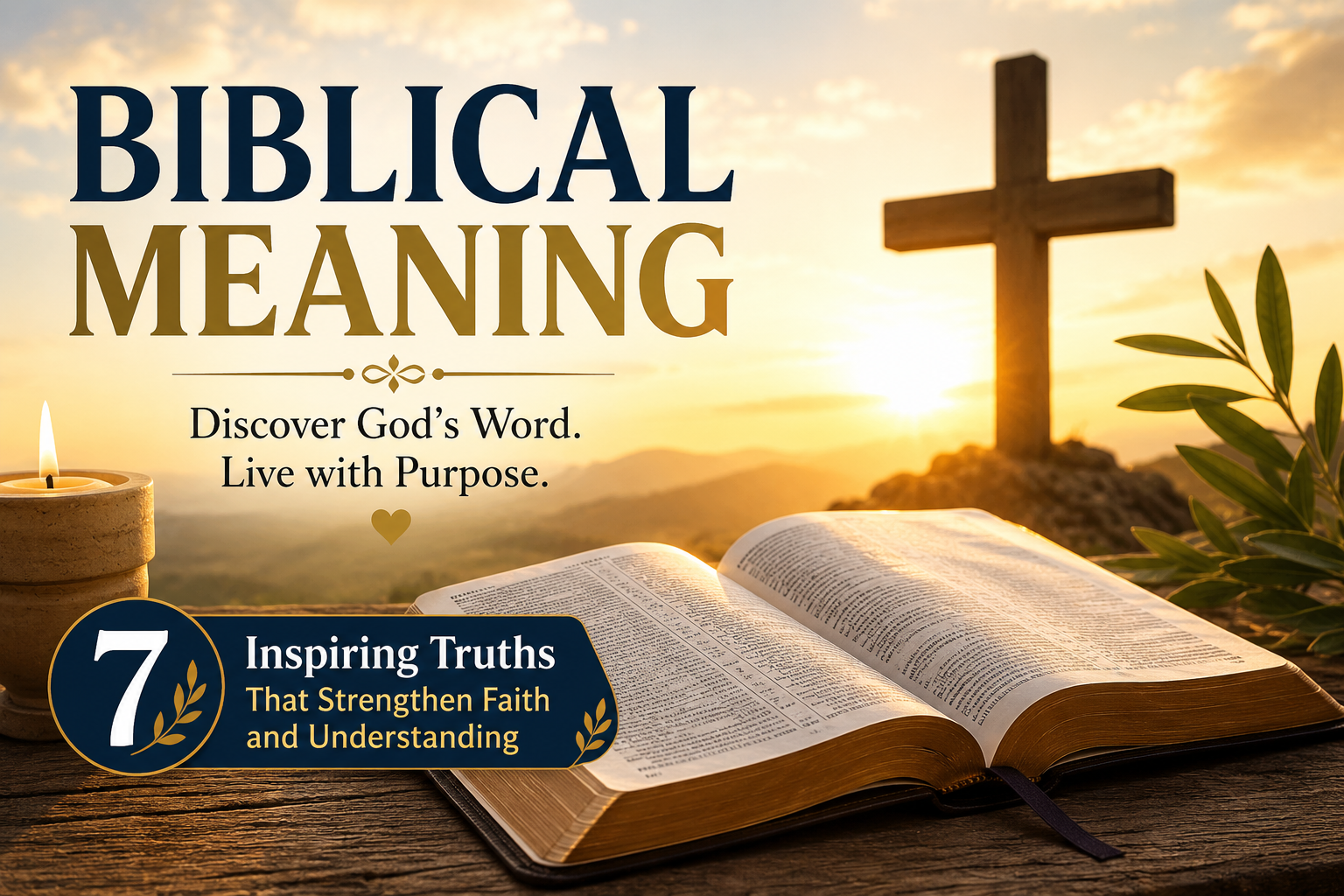 Open Bible illuminated by golden sunrise light beside a cross and candle, symbolizing biblical meaning, spiritual wisdom, faith, divine truth, and a deeper understanding of God's Word.