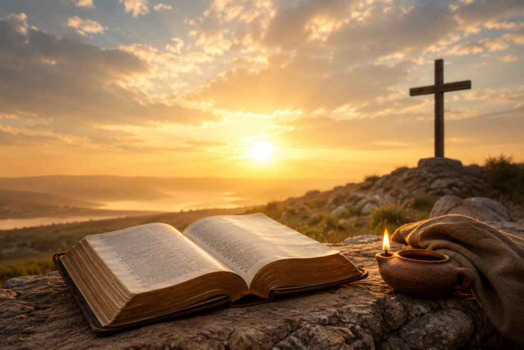 Open Bible resting on a rocky hillside at sunrise, illuminated by warm golden light, with a glowing oil lamp nearby and a wooden cross standing on a distant hill beneath a dramatic sky, symbolizing biblical meaning, faith, divine wisdom, and spiritual guidance.
