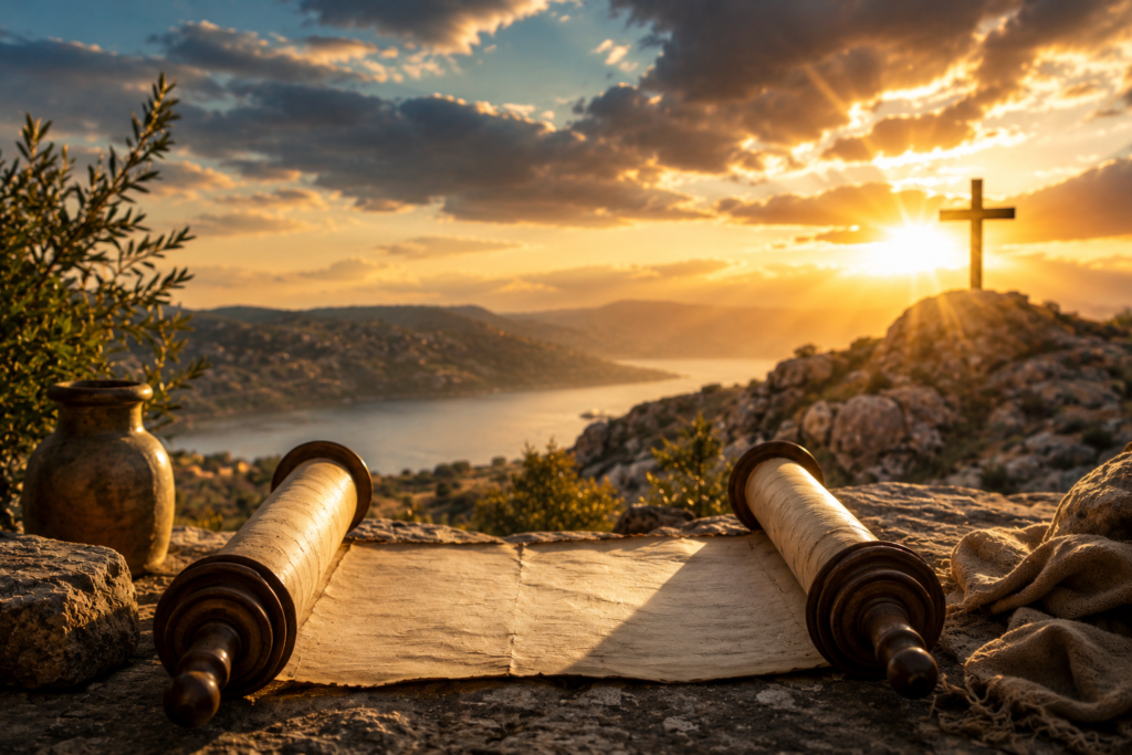 Ancient biblical scroll resting on a rocky overlook at sunset, with a clay jar and draped cloth in the foreground. Golden sunlight illuminates a peaceful valley and lake below, while a wooden cross stands on a distant hill, creating a serene and spiritual scene symbolizing biblical meaning, faith, and divine revelation.