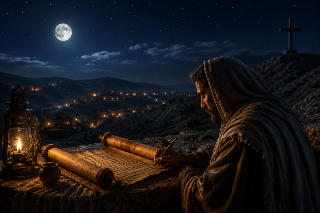 A robed biblical-era man writes on an ancient scroll by lantern light under a bright full moon. The peaceful night scene overlooks a hillside village glowing with warm lights, while a cross stands on a rocky hill in the distance. The image conveys prayer, faith, biblical study, divine inspiration, and spiritual reflection in a serene nighttime setting.
