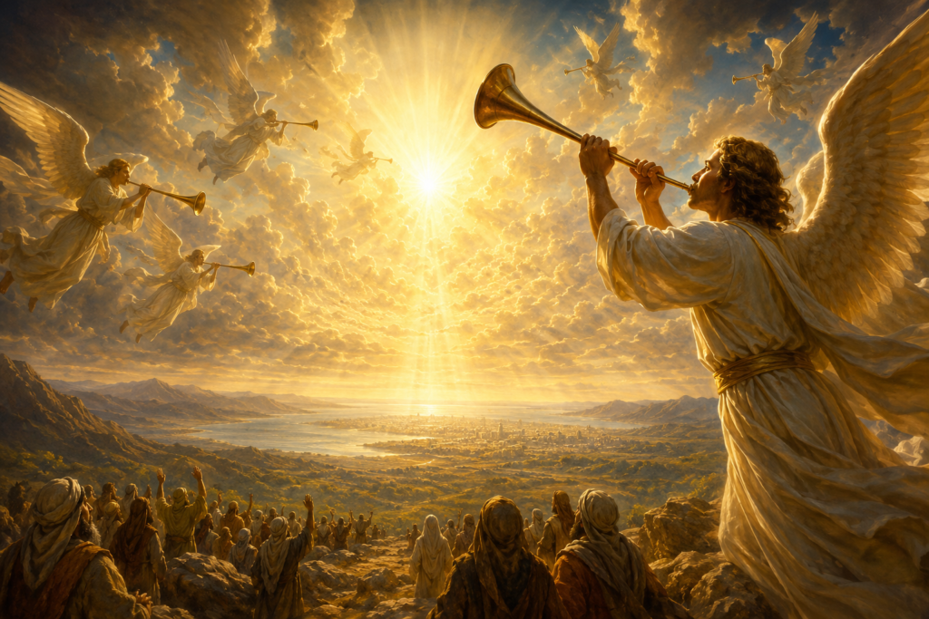 A radiant golden clarion trumpet sounding from a mountaintop at dawn, surrounded by dramatic clouds and beams of heavenly light. The scene overlooks an ancient Middle Eastern landscape, creating a powerful biblical atmosphere that symbolizes divine calling, spiritual awakening, and sacred revelation. Warm golden tones contrast with the blue sky, giving the image a majestic and inspirational appearance.