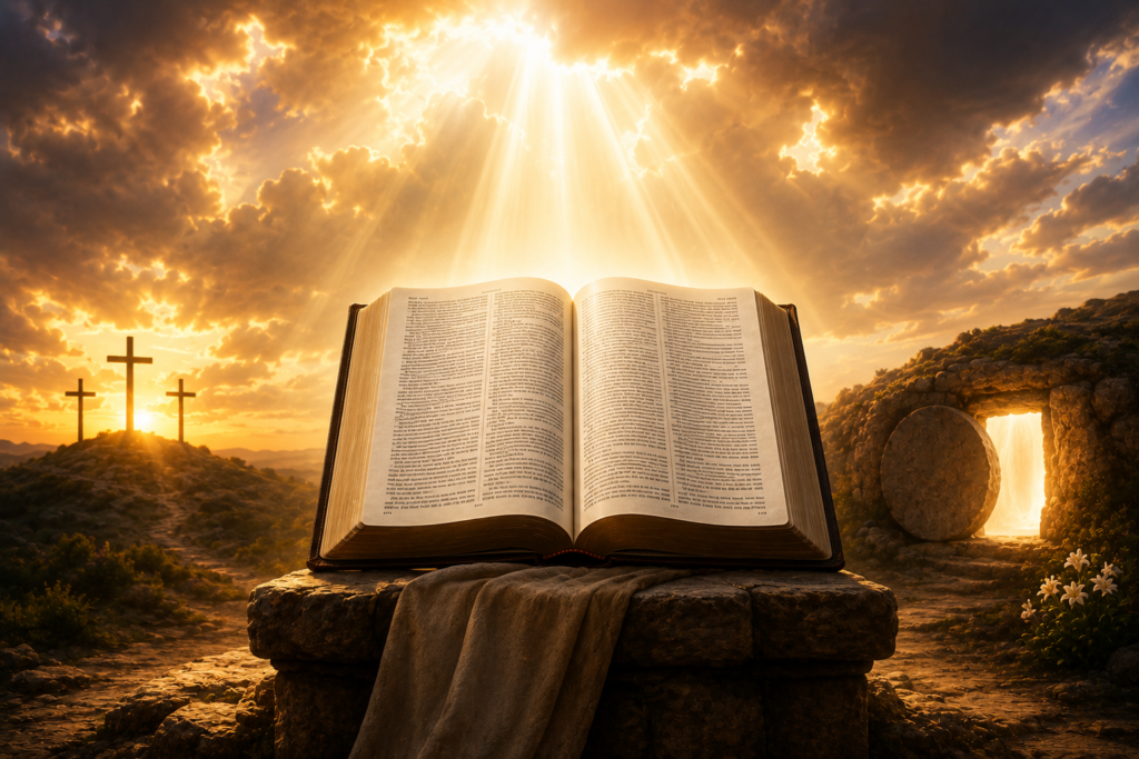 Open Bible elevated on a stone pedestal in the foreground, illuminated by radiant heavenly light streaming from the sky. An empty tomb with the stone rolled away stands in the background, while three crosses rise on a distant hill beneath a dramatic sunrise. Golden rays break through the clouds, creating a powerful scene of resurrection, fulfillment, hope, and divine revelation.