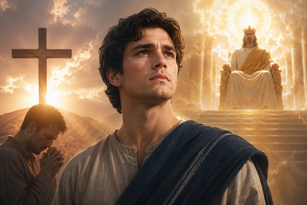 A cinematic biblical-inspired portrait of a young man gazing upward with a determined, contemplative expression. Behind him, warm golden light illuminates a large cross on a hill, a praying figure in the distance, and a radiant throne-like scene among clouds and columns. The composition conveys themes of spiritual strength, leadership, faith, and noble character without any visible text.