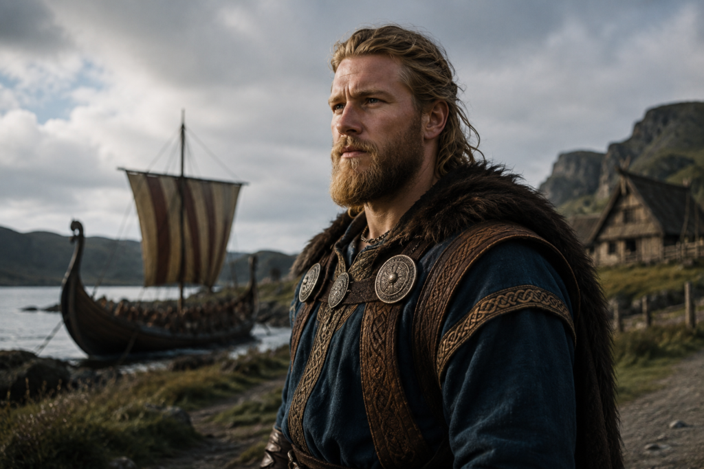 A realistic historical scene depicting the origin and linguistic roots of the name Eric. A confident Nordic man stands in the foreground wearing traditional Scandinavian clothing, symbolizing ancient heritage and leadership. Behind him, a rugged northern European landscape features wooden settlements, rolling hills, and distant fjords. Several realistic people from different generations and eras interact naturally, representing the transmission of language and culture through time. The atmosphere is warm and authentic, emphasizing ancestry, identity, and the historical development of personal names. No text is visible in the image.