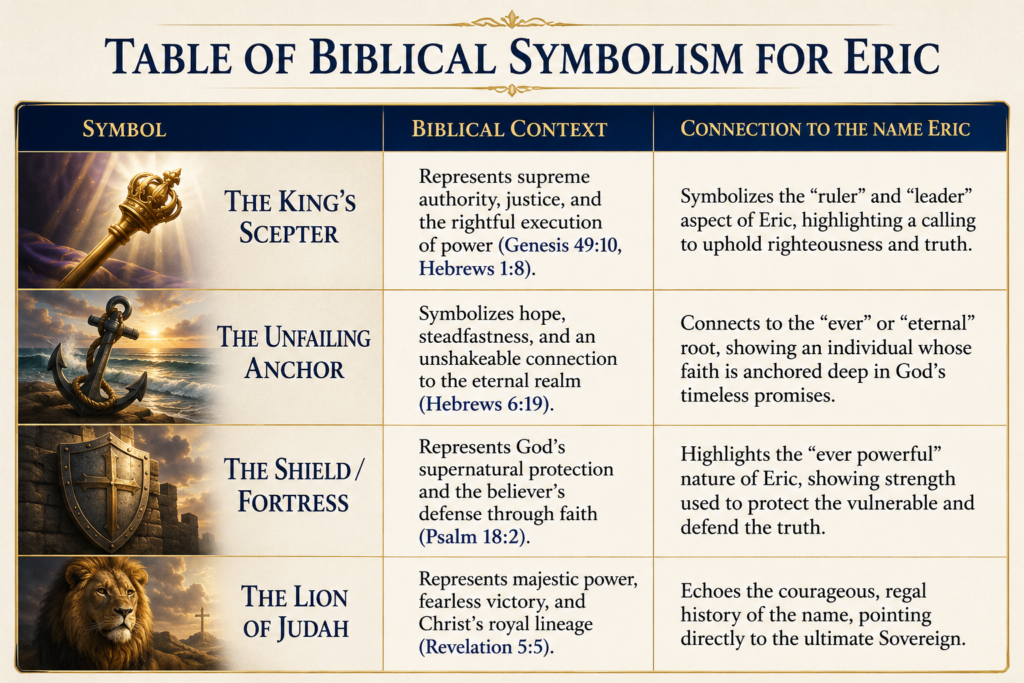 A detailed biblical themed comparison table illustrating four symbolic connections to the name Eric. The first row features a royal golden scepter glowing in heavenly light, representing authority, justice, and leadership. The second row shows a sturdy anchor standing against ocean waves at sunrise, symbolizing hope, steadfast faith, and an eternal connection to God's promises. The third row displays a large shield marked with a cross set against fortress walls, representing divine protection, strength, and defense of truth. The final row portrays a majestic lion beside a distant cross under a dramatic sky, symbolizing courage, victory, royal heritage, and the power associated with the Lion of Judah. The overall design uses elegant gold and navy tones with a classic biblical and regal aesthetic.