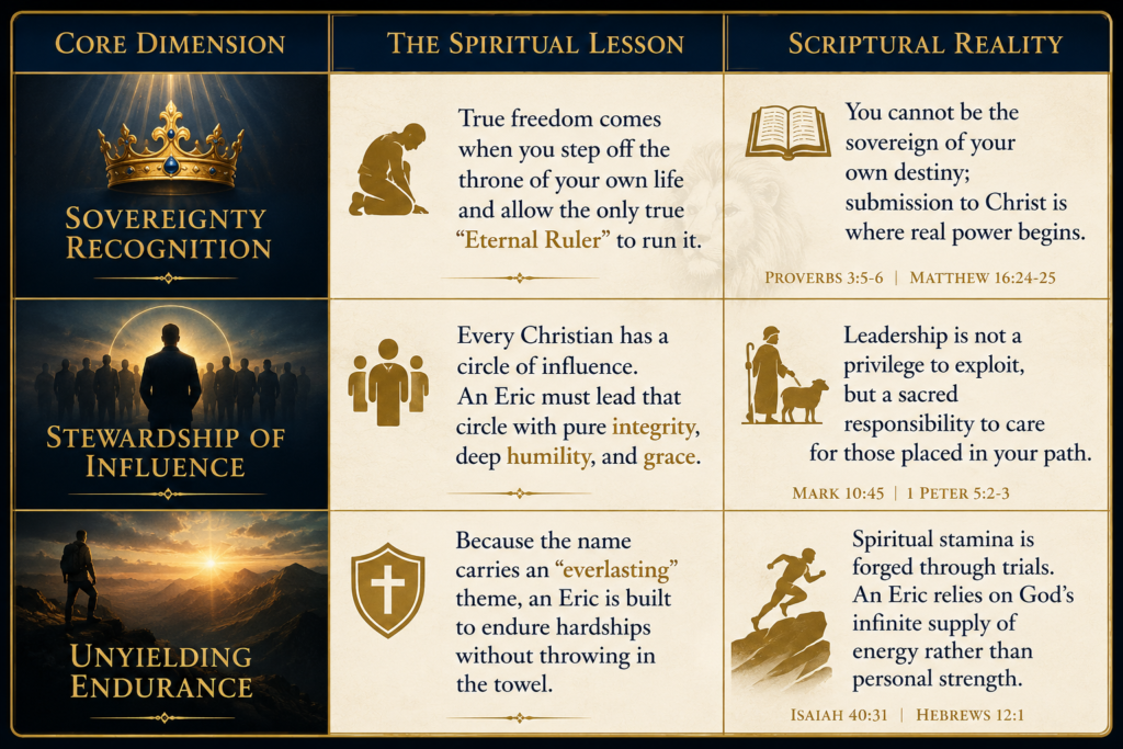 A realistic Christian themed comparison infographic featuring three spiritual dimensions associated with the name Eric. The first section shows a golden crown illuminated by heavenly light, representing sovereignty recognition and surrendering personal control to God's eternal authority. The second section depicts a leader standing before a group of people, symbolizing stewardship of influence through integrity, humility, and servant leadership. The third section shows a traveler standing on a mountain at sunrise, representing unyielding endurance and perseverance through faith. Additional symbols include a kneeling believer in prayer, a shepherd caring for sheep, a shield with a cross, an open Bible, and an athlete climbing rocky terrain. The design uses rich gold accents, parchment textures, and dramatic lighting to convey biblical themes of leadership, spiritual responsibility, submission to Christ, and enduring faith.