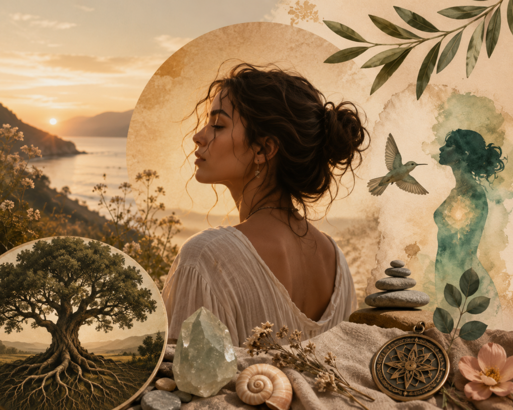 A serene, artistic portrait of a young woman standing in a golden sunset landscape, surrounded by symbolic nature elements including a large rooted tree, a hummingbird, stacked stones, crystals, flowers, leaves, and a watercolor silhouette. The warm, earthy composition evokes themes of identity, personal growth, inner peace, spirituality, and connection to nature.