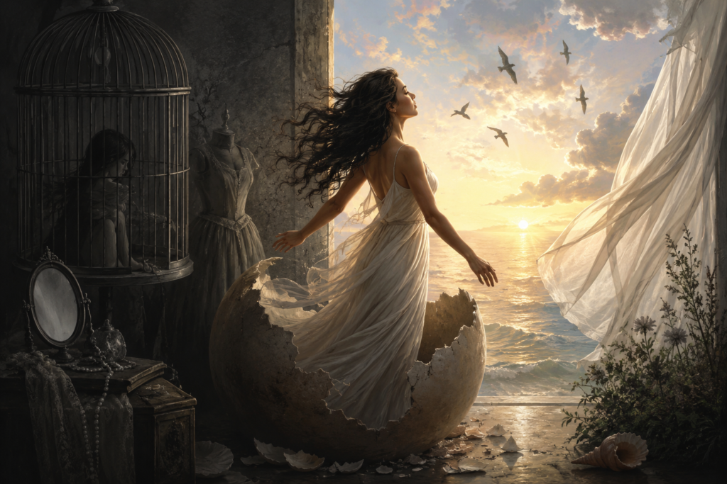 A serene sunrise breaks over a mist-covered landscape as golden light spreads across rolling hills and wildflowers. In the foreground, a person stands quietly with arms slightly open, facing the horizon. Soft rays of sunlight pierce the morning fog, while birds take flight into the brightening sky. The scene conveys spiritual awakening, renewal, hope, and the beginning of a transformative journey.