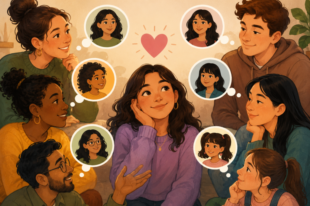 A warm and creative collage featuring several handwritten name forms on scattered paper notes, a family photo album, a personalized coffee mug, a school notebook, and a smartphone contact list. The scene symbolizes different spelling variations and affectionate everyday nicknames used by friends and family. Soft natural lighting, cozy home atmosphere, and colorful details create a welcoming and personal feel