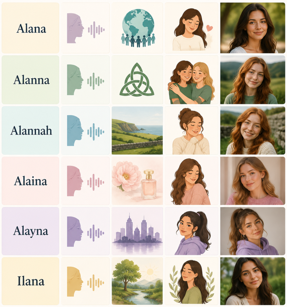 A visually rich collage featuring six different women from diverse cultural backgrounds arranged in elegant portrait panels. Each person expresses a unique personality and style, reflecting classic, Celtic, Irish, modern, contemporary, and nature-inspired influences. The scene includes subtle elements such as flowing hair, natural landscapes, soft floral accents, traditional patterns, and modern fashion details. Warm, balanced lighting and harmonious colors create a sense of identity, heritage, and individuality without any text or labels.