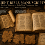 Ancient Bible manuscripts displayed on a rustic wooden table, featuring Hebrew scrolls, an open Codex-style Bible, and fragmented papyrus texts. Warm golden lighting highlights the aged parchment, inked script, and historical artifacts, creating a museum-like scene that illustrates the preservation and transmission of biblical writings through the centuries.