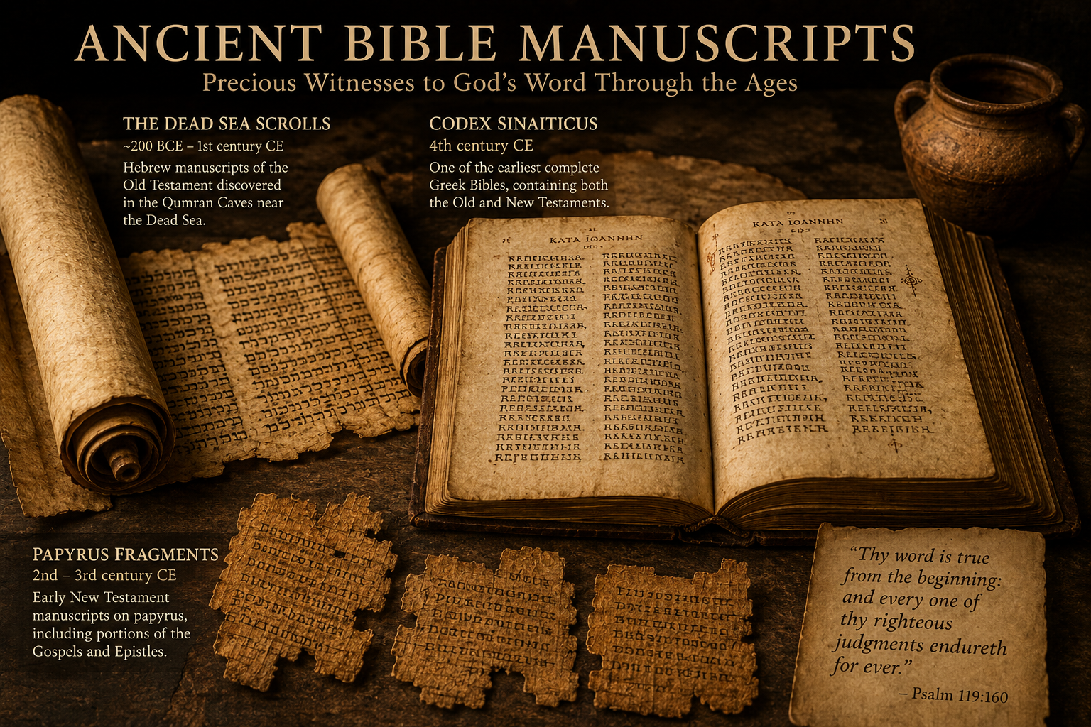 Ancient Bible manuscripts displayed on a rustic wooden table, featuring Hebrew scrolls, an open Codex-style Bible, and fragmented papyrus texts. Warm golden lighting highlights the aged parchment, inked script, and historical artifacts, creating a museum-like scene that illustrates the preservation and transmission of biblical writings through the centuries.
